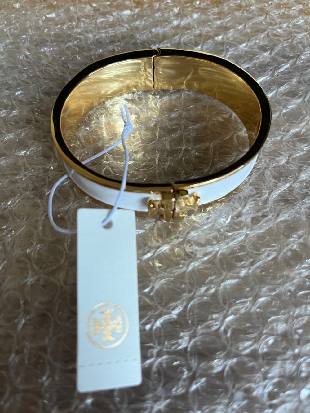 Tory Burch White Enamel Bangle with Gold Logo Accent